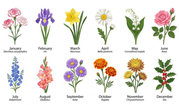 Monthly Birth Flower Vector Bundle with Botanical Floral Illustrations