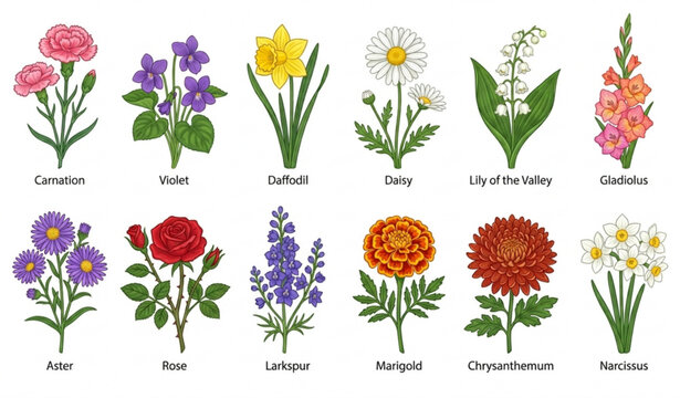 Birth Month Flowers Collection Vector Set with Twelve Floral Illustrations
