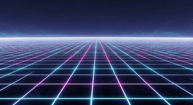 Retro 80s Synthwave Neon Grid Background.