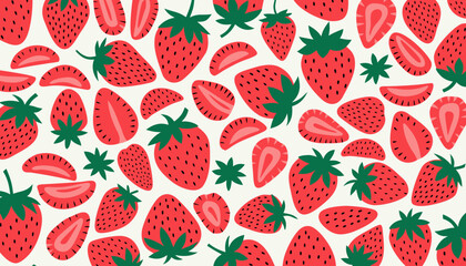 Seamless pattern with fresh red strawberries whole and sliced fruit background wallpaper. © Sorna Moni