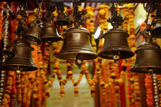 Temple bell of a mandir in Ayodhya city near Ram Mandir (Rama temple) in India . Resembles the sign of Hinduism culture.