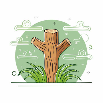 Cartoon Tree Stump with Grass and Clouds