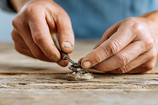 Skilled Hands Meticulously Repairing a Small Mechanical Object with a Precision Tool on a Rustic Wooden Surface