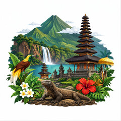 Fototapeta premium Premium Indonesian Tropical Nature Illustration with Volcano, Waterfall, Temple, Komodo Dragon and Exotic Bird
