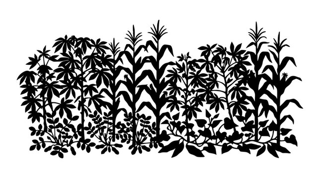 Black Silhouette of Intercropped Garden Plants Corn and Cassava