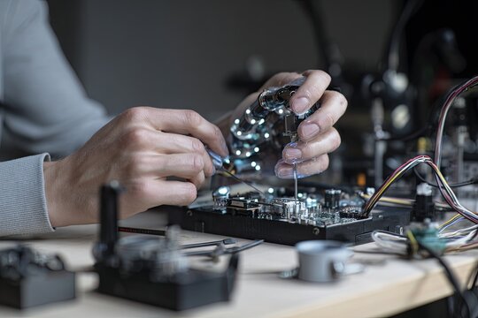 Skilled hands meticulously repairing intricate electronic device components on a workbench with tools and equipment