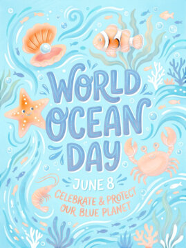 World Ocean Day illustration with transparent background, sea creatures, coral reef, ocean conservation