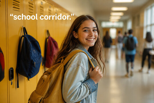 A smiling teenage girl with a backpack in a school corridor.