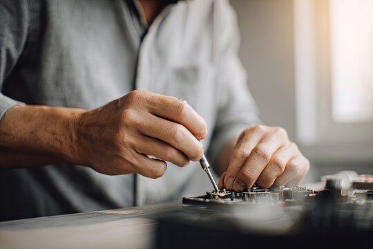 Focused Hands Carefully Repairing Electronics with a Small Screwdriver on a Table