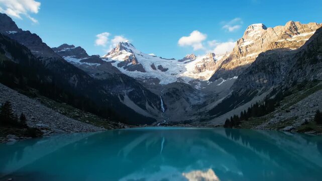 The tranquil lake at the foot of the snow-capped mountains, the beautiful scenery of the snow-capped mountains and lakes