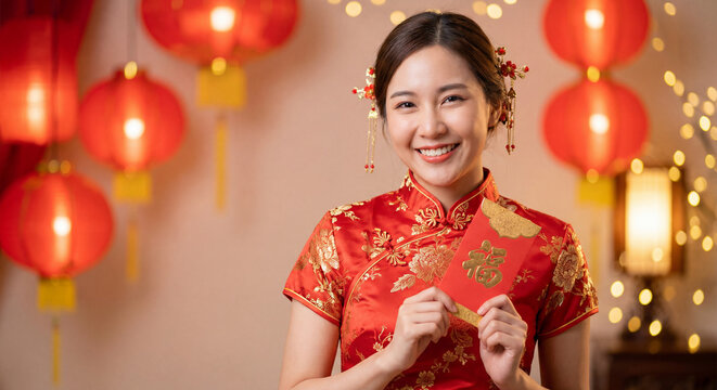 Smiling young Asian woman wearing traditional red cheongsam holding lucky money red envelope with fu character during Chinese New Year celebration with glowing lanterns
