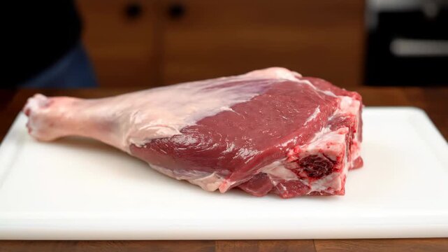 Human hands touch and process raw lamb shanks, close-up display of raw meat ingredients