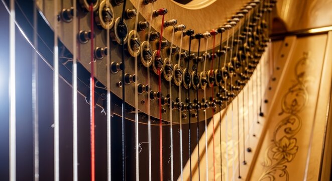 Close-up of a gold harp.
