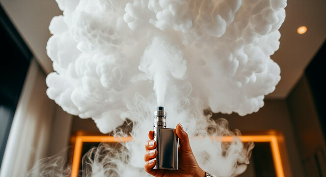 Hand holding an electronic cigarette emitting a massive cloud of dense white vapor. The vape mod releases a thick plume in a modern indoor setting. Concept of vaping culture and smoking alternatives.