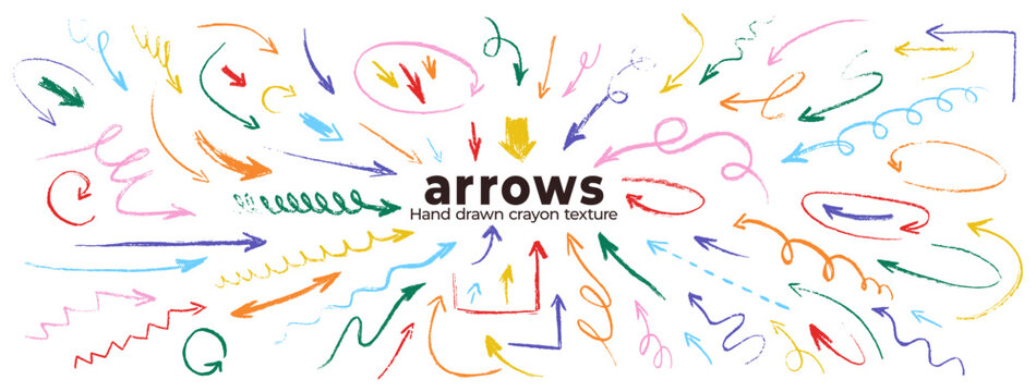 Colored crayon doodle arrows collection. Scribble playful funny direction and navigation pointers set. Hand drawn vector thin pencil chalk arrows on transparent background for notes sketch design