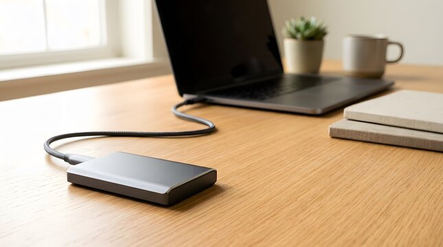 portable external solid state drive connected to creative workspace supporting secure digital storage backup and content production workflows