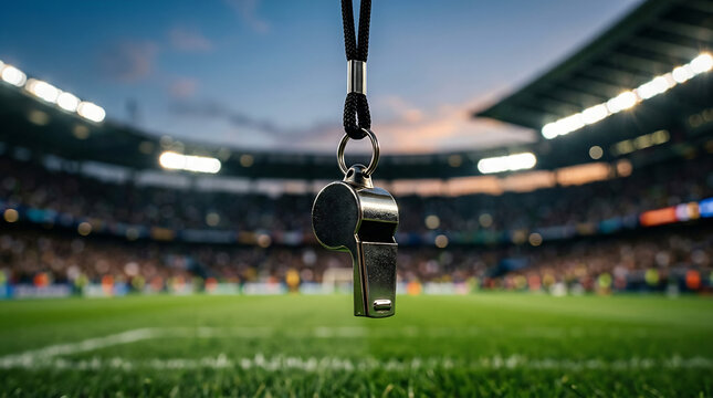 Metal referee whistle hanging over a green soccer stadium pitch during a match