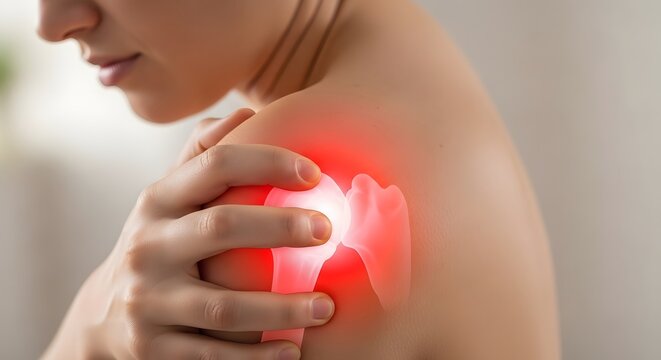 Shoulder pain and rotator cuff medical condition. Concept of muscle strain and joint injury recovery. Woman holding her painful shoulder with a glowing red area indicating internal inflammation
