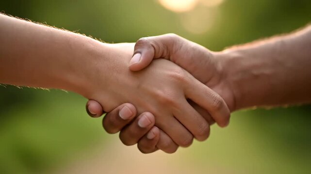 Outdoor handshake scene between two people, handshake moment in the sun