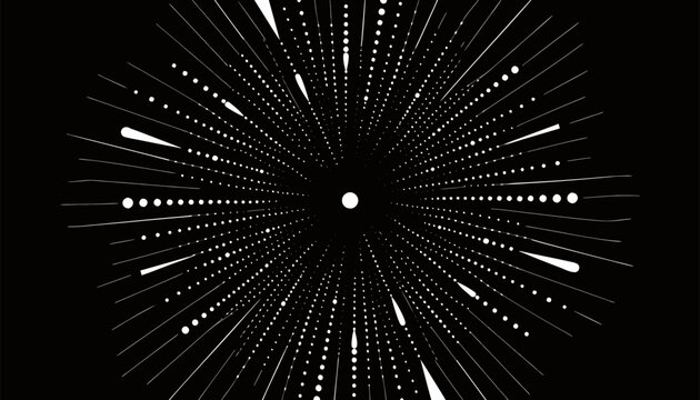 Abstract radial background with radiating lines and dots for web design and motion graphics, black and white