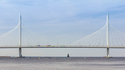 Obraz premium Panoramic cable-stayed bridge across the Petrovsky Fairway, part of the Western High-Speed Diameter transport system in Saint Petersburg, Russia