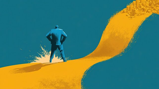 Flat vector illustration with back view businessman in blue suit standing hands on hips on curved golden road, energy burst at feet leading to stacked gold coins, solid teal backdrop