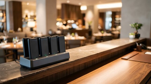 Modern restaurant guest pager charging station positioned on reception counter supporting hospitality operations and customer service