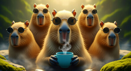 Obraz premium Group of capybaras wearing sunglasses relaxing in a hot spring. Central animal holds a steaming blue coffee mug in misty water. Chill wildlife concept for social media ads and lifestyle marketing.