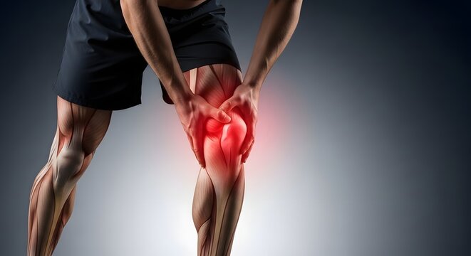 Knee joint anatomy and muscular pain. Sports injury and physical therapy. Athlete touching his painful knee with red highlights on the joint and surrounding muscles