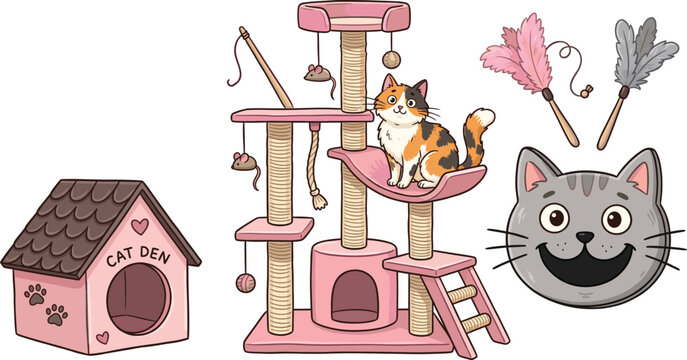 Cat tree scratching post and den house accessory set with cute feline character vector illustration