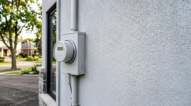 Modern smart utility meter installed on residential exterior wall supporting energy monitoring efficiency tracking and sustainable home management