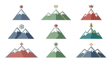 Minimalist mountain peak icons with symbolic emblems. © Zity