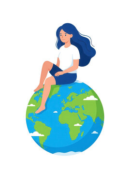 Woman sitting on Earth globe transparent background