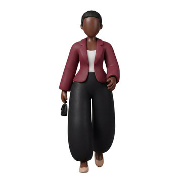 3D Claymorphism Faceless Black Female Entrepreneur Walking Forward Confident Stride Carrying Bag White Background