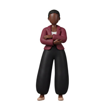 3D Claymorphism Faceless Black Female Entrepreneur Standing Arms Crossed Composed Authoritative Pose White Background