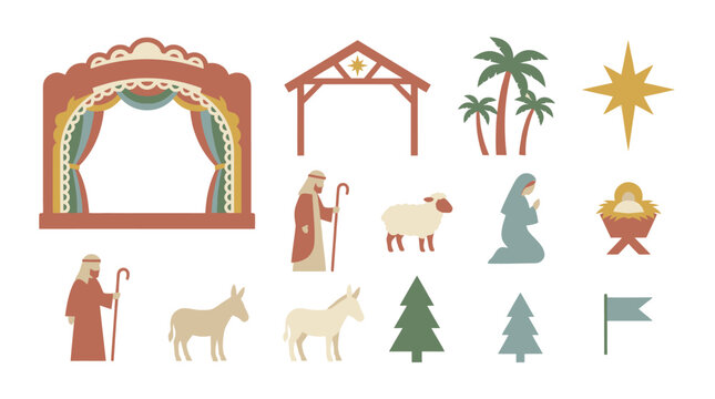 Traditional Christmas nativity scene elements and religious figures.