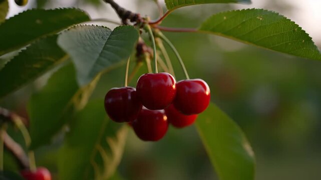 Close-up of ripe cherries on the branches, close-up of hanging red cherries on the branches