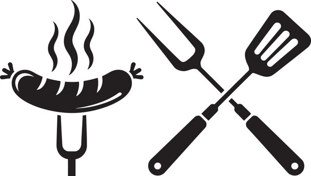 BBQ sausage grill icon collection, vector set including grilled sausages, barbecue fork, tongs, spatula, and cooking flames in flat illustration style suitable for restaurant menus, picnic promotions,