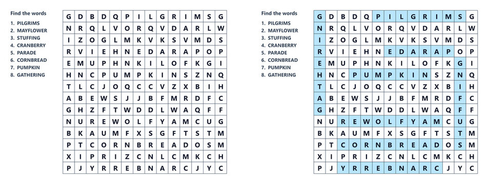 Thanksgiving Vocabulary Word Search Worksheet, Mystery word puzzle