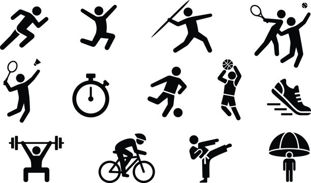 Sports icons set, black athletics pictograms and fitness activity elements vector illustration collection
