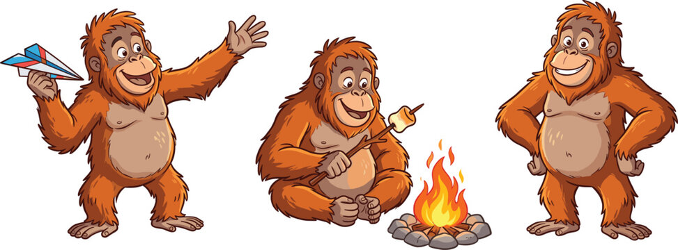 Cartoon orangutan character set, cute ape roasting marshmallow and flying paper plane vector illustration