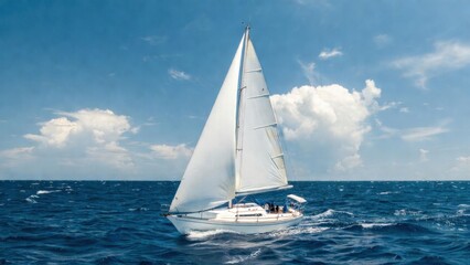 Fototapeta premium Sailboat cruising on calm sea under blue sky with scattered clouds