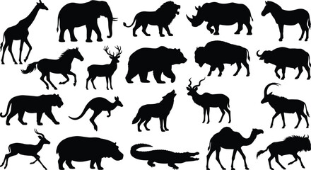 Fototapeta premium Wild animals silhouette collection, safari and forest wildlife set, fauna icons, vector illustration