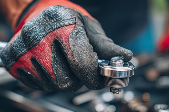 Close up of a gloved hand tightening a mechanical fastener with a tool
