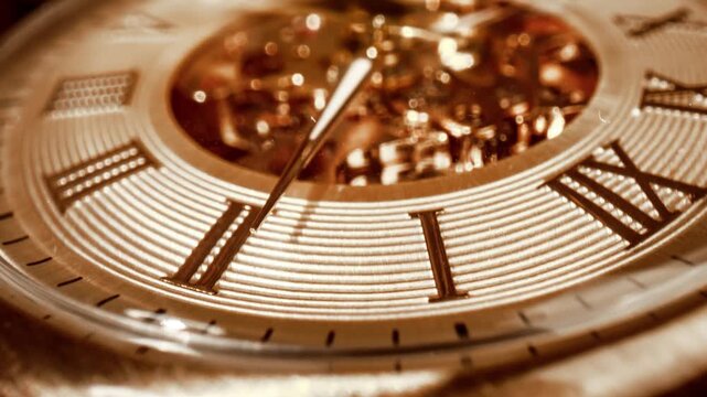 Close up shot of vintage clock ticking showing detailed golden gears mechanism moving in circular motion.