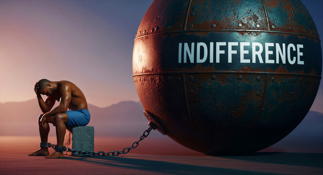 Man shackled to a massive iron wrecking ball labeled indifference. Sad male figure sitting with head in hands representing emotional burden. Metaphor for apathy, ideal for mental health awareness.