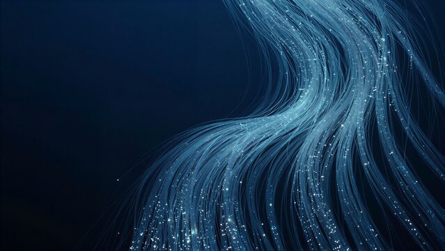 Twisting blue fiber optic strands glow with light against a dark background.