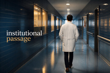 Obraz premium A person in a white coat walks down a long, modern institutional hallway.