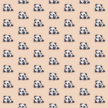 Cute panda seamless pattern, adorable cartoon pandas on peach background
