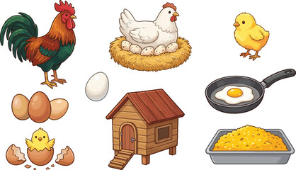 Poultry farming set with rooster, hen on nest, chicks, coop, and eggs, vector illustration © Jarin